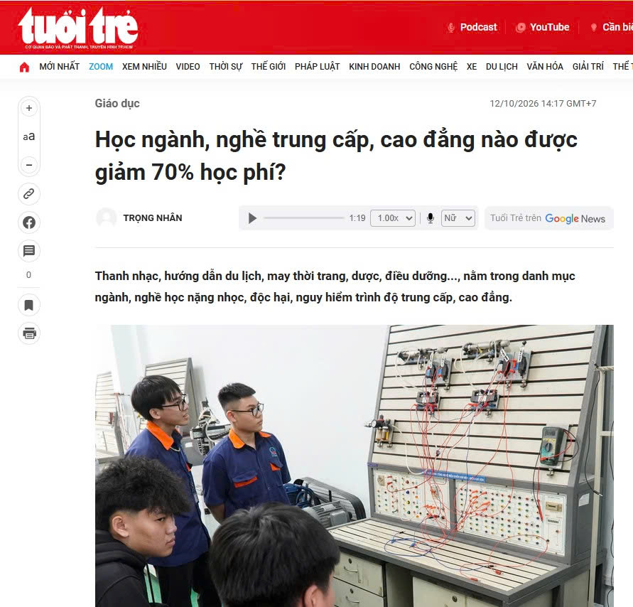 📰 [GÓC BÁO CHÍ] HỌC NGÀNH, NGHỀ TRUNG CẤP, CAO ĐẲNG NÀO ĐƯỢC GIẢM 70% HỌC PHÍ? 